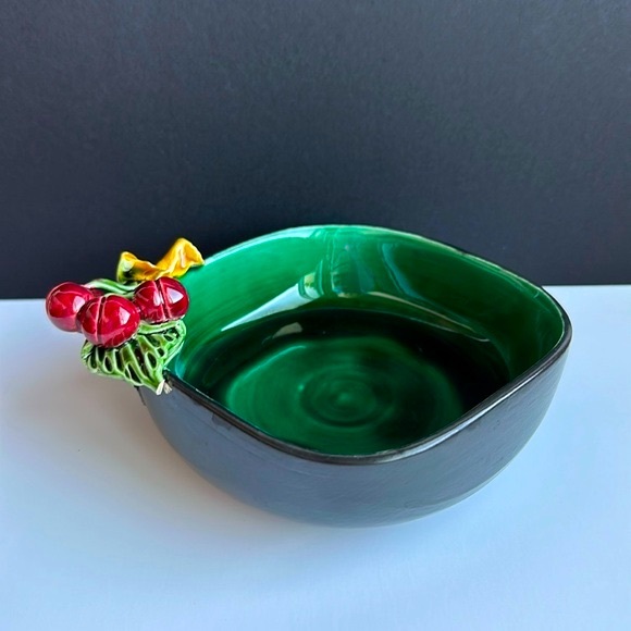 VTG Bonwit Teller French Art Pottery Green Glazed Square Bowl w Applied Cherries - Picture 1 of 13